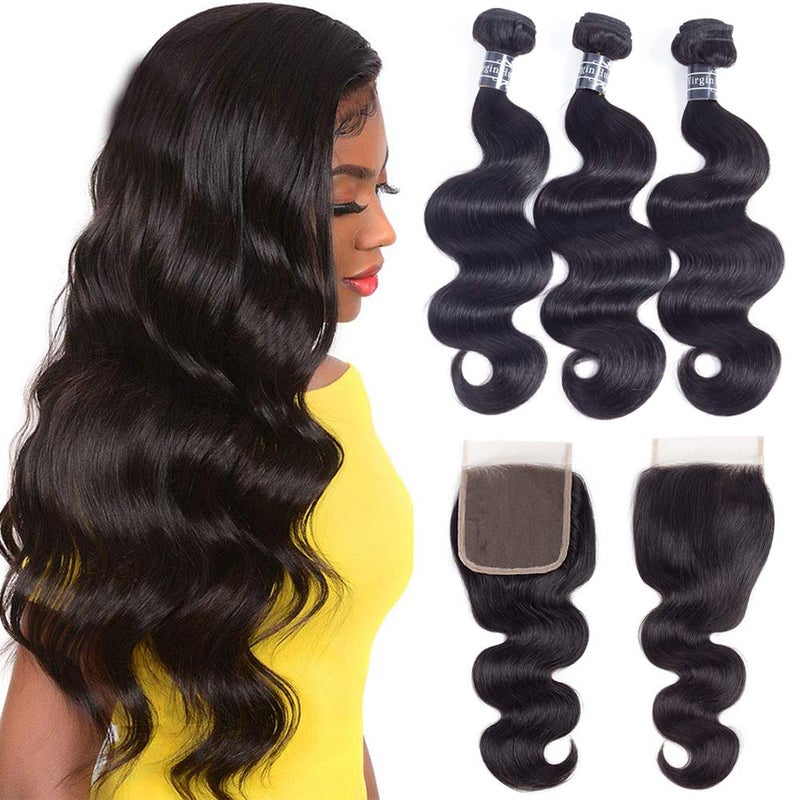 Amella Brazilian Body Wave Hair Bundles 100% Unprocessed Virgin Remy with Closure (18" 20" 22" + Free 16") - Image 1